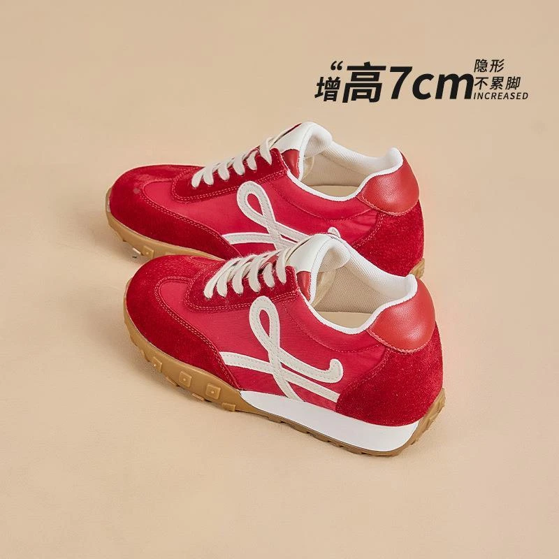 7CM内增高红色德训女鞋厚底秋季软底 百搭透气休闲运动复古阿甘鞋