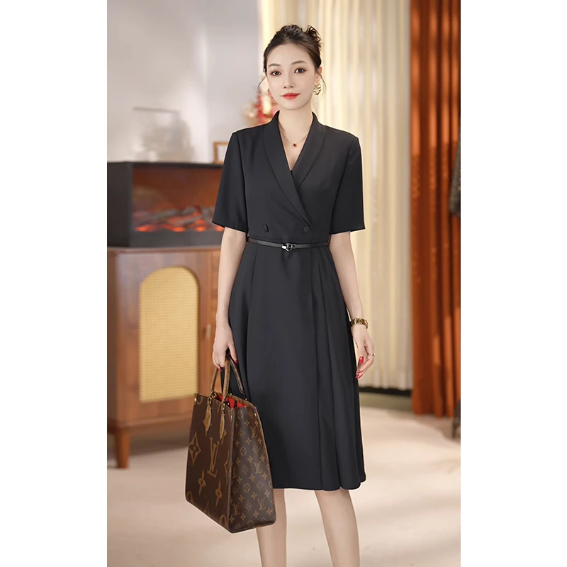 夏季新款西装气质连衣裙女夏款短袖高档中长款修身收腰连衣裙女士