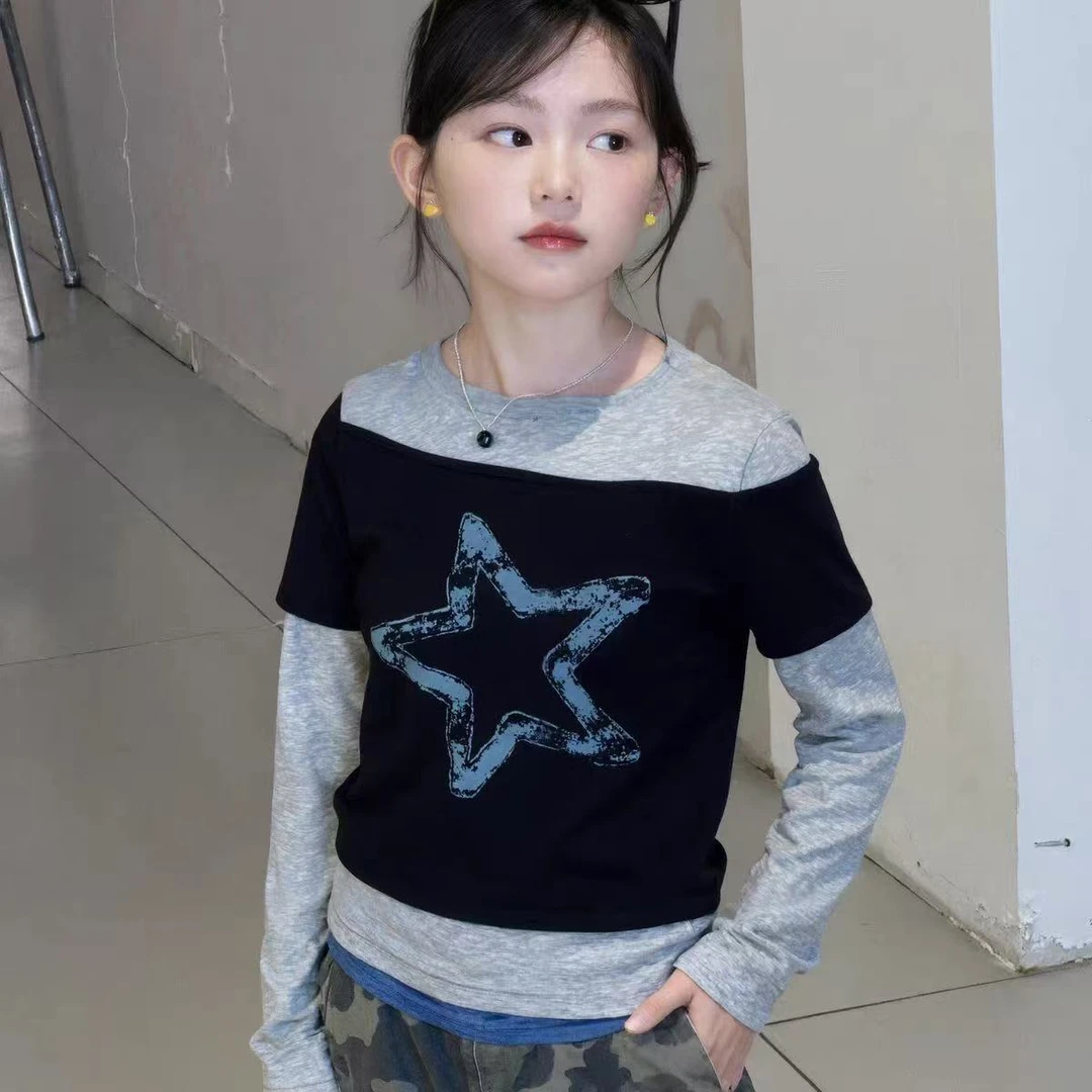 女童春秋款长袖T恤儿童洋气时髦秋季假两件打底衫2025新款中大童