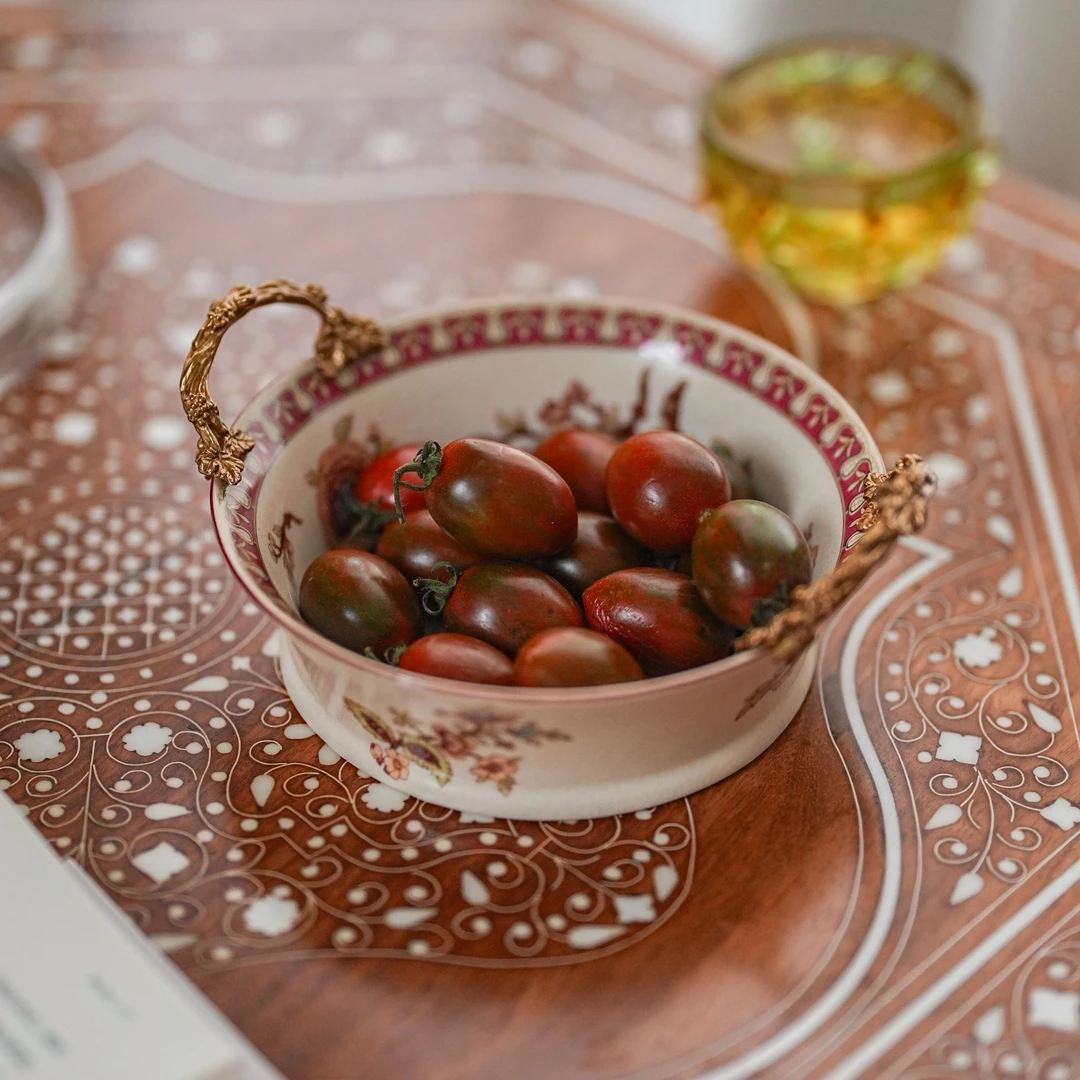 【奇居】高温瓷配铜经典凤尾花双耳果碗收纳#H223-YL-MS66