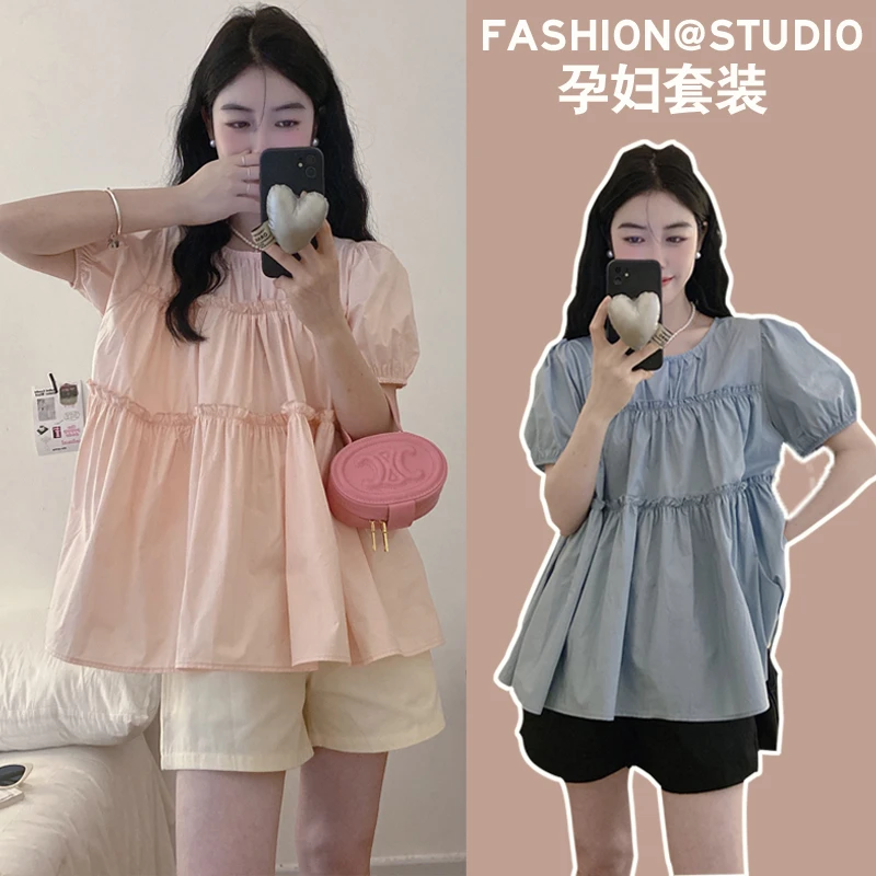甜美宽松遮肚娃娃衫孕妇套装夏季法式孕妇衬衫衬衣短裤上衣两件套