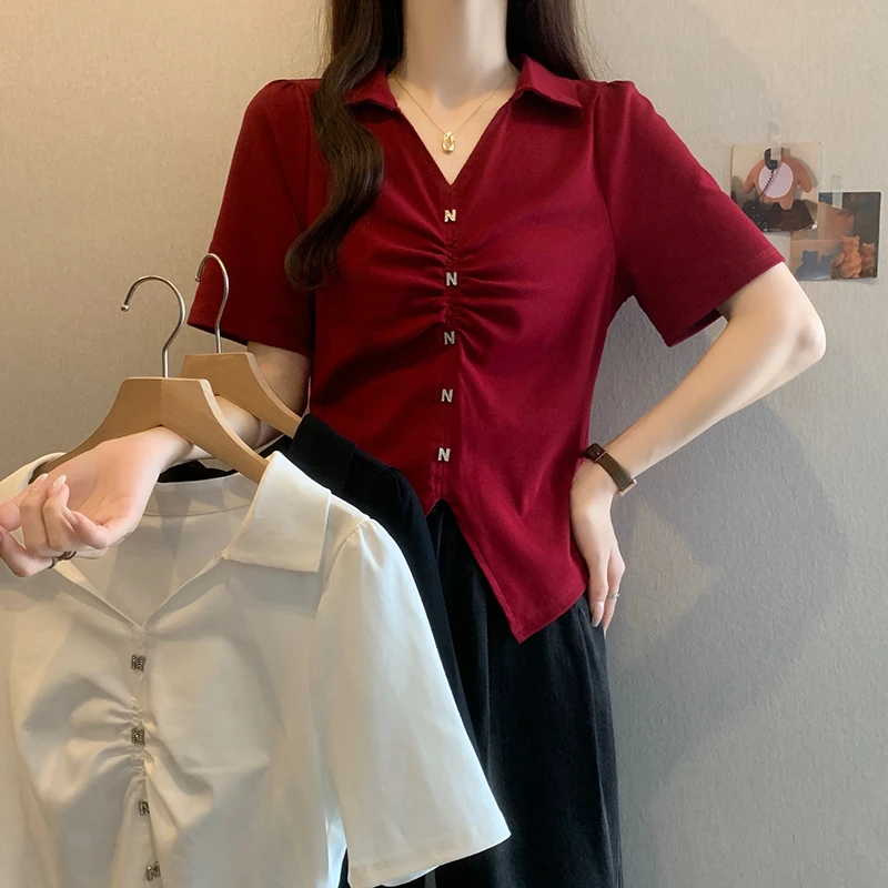 大码设计感褶皱短袖T恤女夏季新款胖MM显瘦遮肚百搭休闲正肩上衣