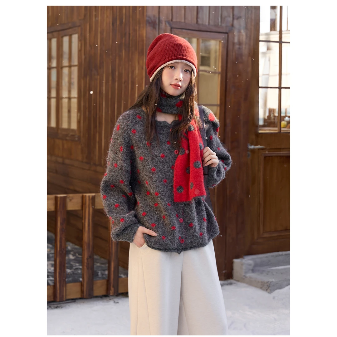 新款针织衫短款波点内搭上衣圆领女宽松套头加厚毛衣带围巾G9-66