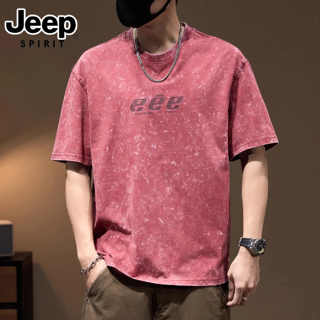 吉普潮牌美式休闲短袖t恤男士2025新款夏季潮复古百搭宽松圆领T恤
