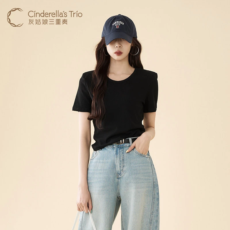 灰姑娘三重奏C·夏季新款时尚休闲百搭显瘦黑色短袖T恤H252119440
