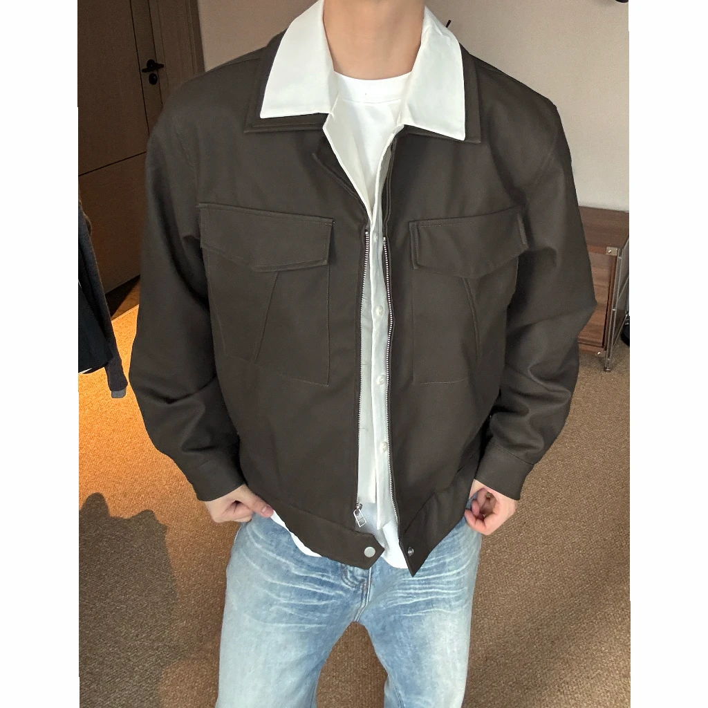 秋季新款男士高级感假两件夹克老钱风拼接翻领短款中性风休闲复古