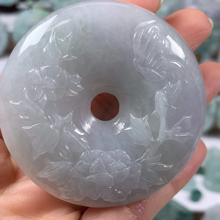 翡翠未镶嵌颈饰花开富贵平安扣两面工艺福利