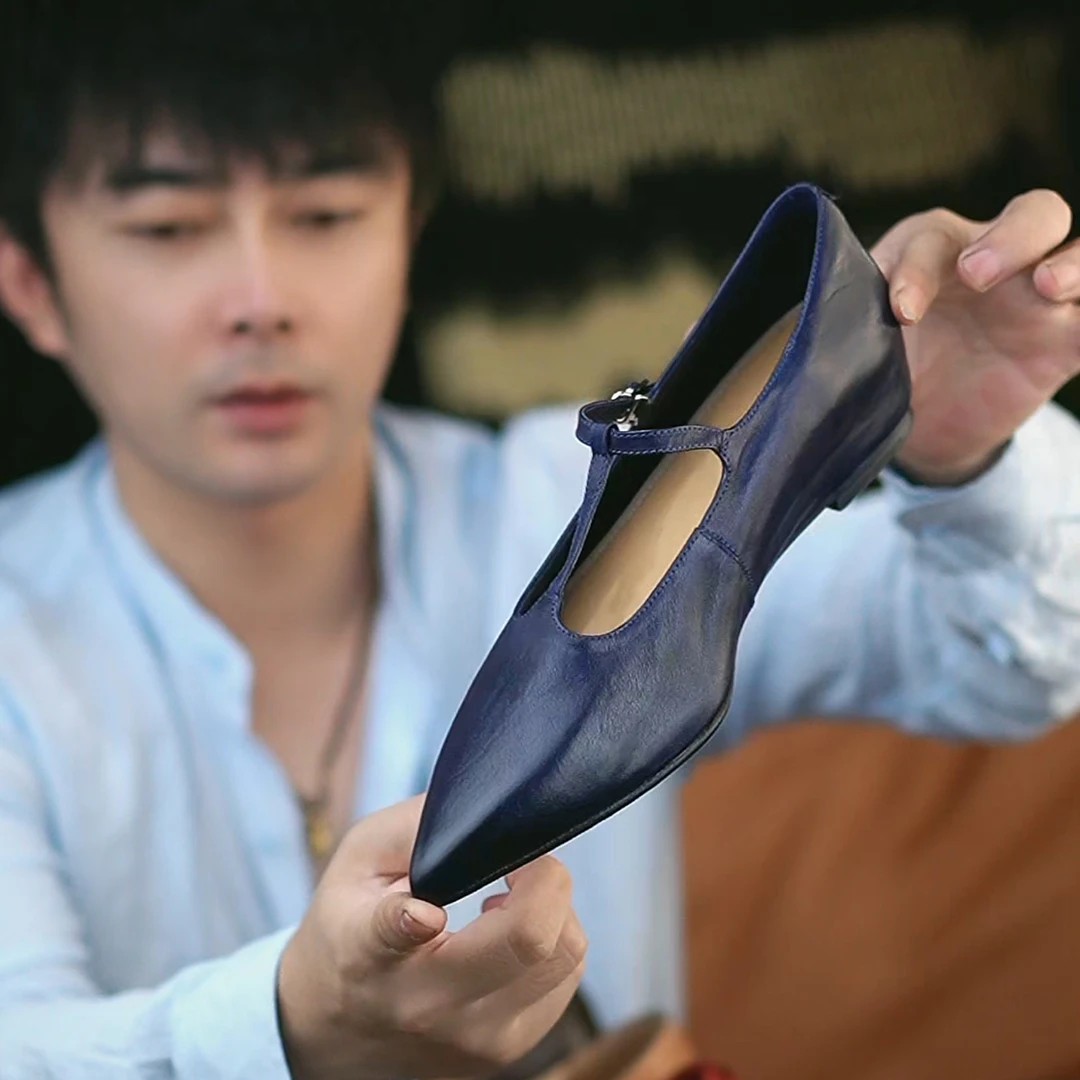 水洗马皮法式尖头丁字带内增高复古浅口单鞋女真皮秋冬时尚平底鞋