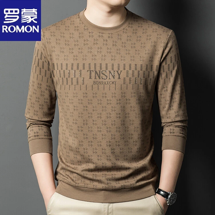 罗蒙春秋季长袖T恤印花时尚男士中年商务休闲宽松打底衫上衣潮男t