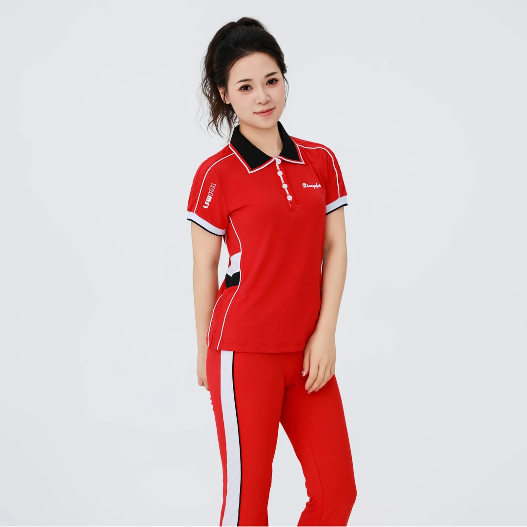 红色冰丝短袖佳木斯健身服夏季广场舞蹈服户外锻炼显瘦修身