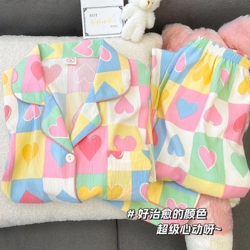 彩色爱心云朵棉睡衣春夏季家居服女款爆款2025新款外穿长袖裤套装