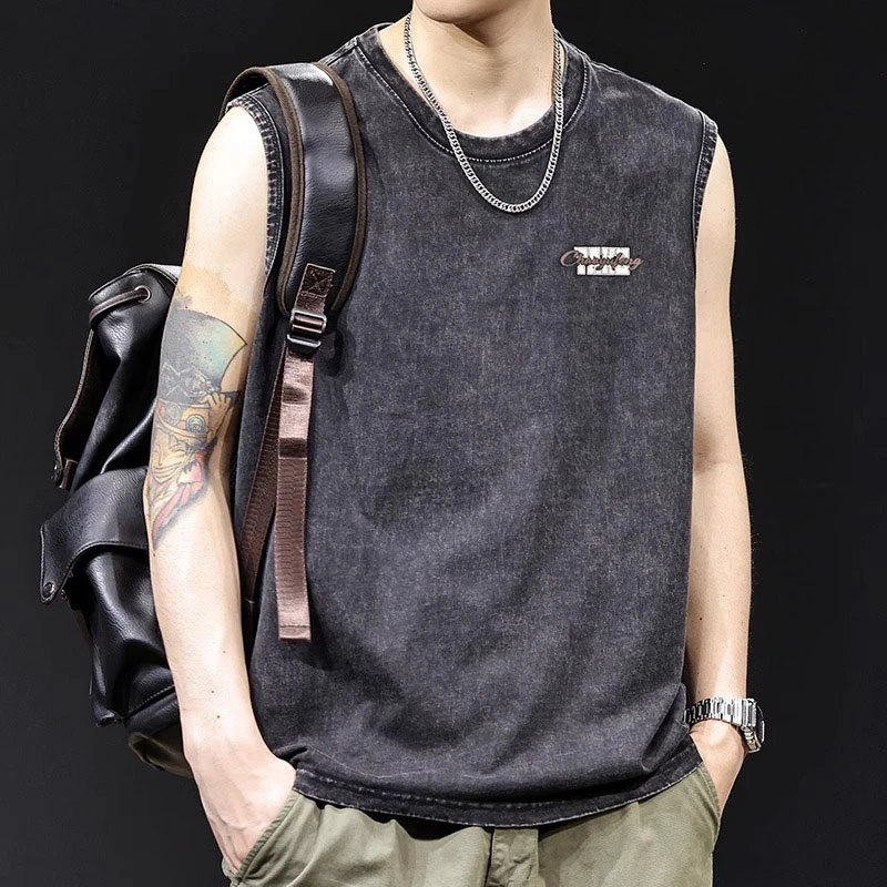 U&PURA水洗纯棉背心男士t恤美式复古坎肩新款夏季运动健身大码