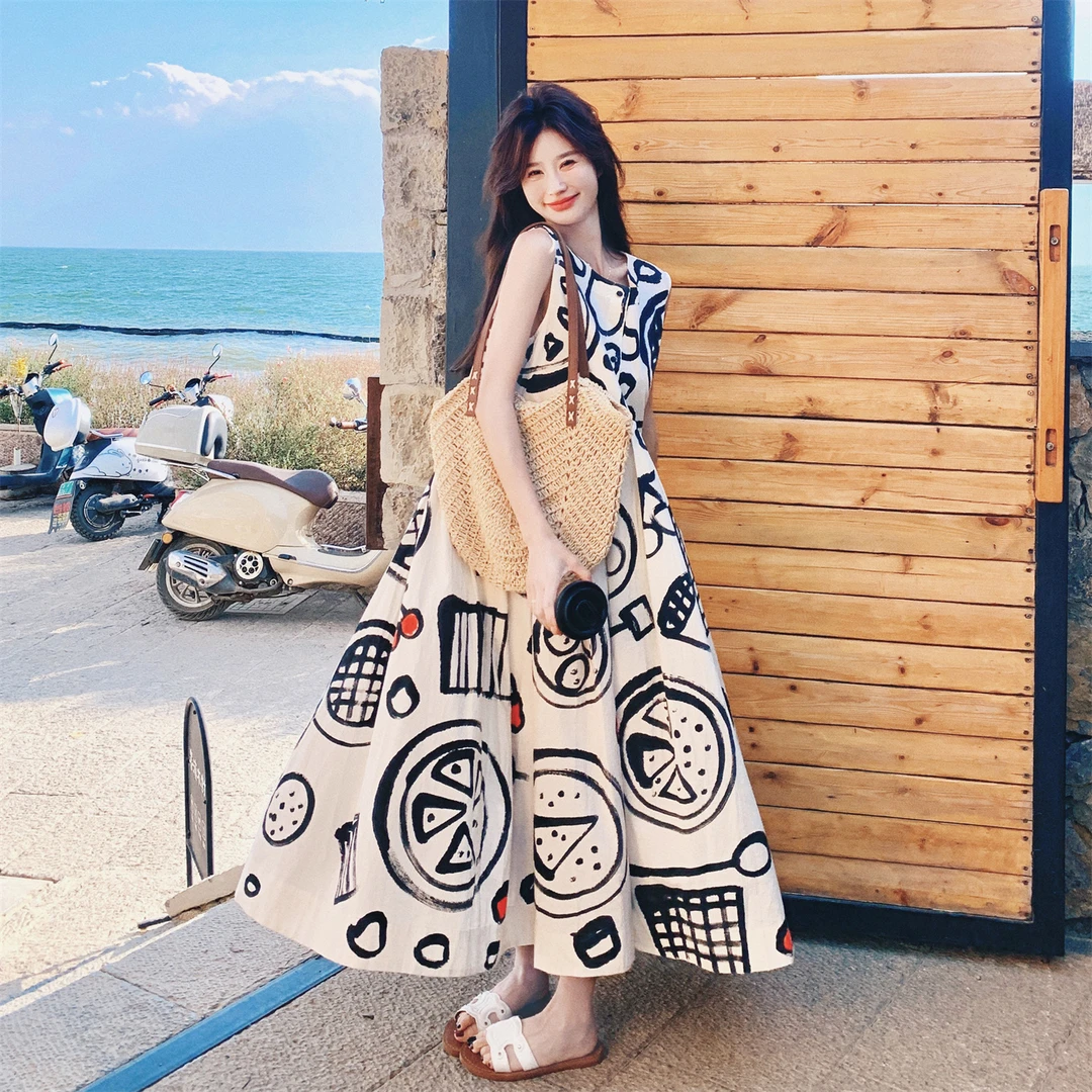涂鸦印花无袖背心连衣裙女夏法式独特漂亮宽松显瘦气质度假风长裙