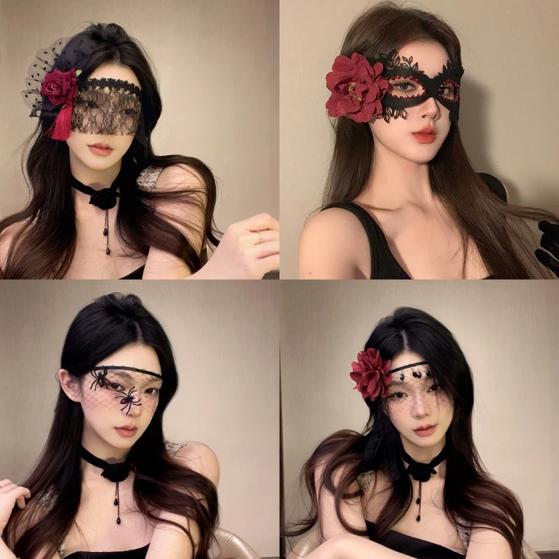 暗黑风蜘蛛面纱女化妆舞会复古风玫瑰性感蕾丝面具万圣节派对面罩