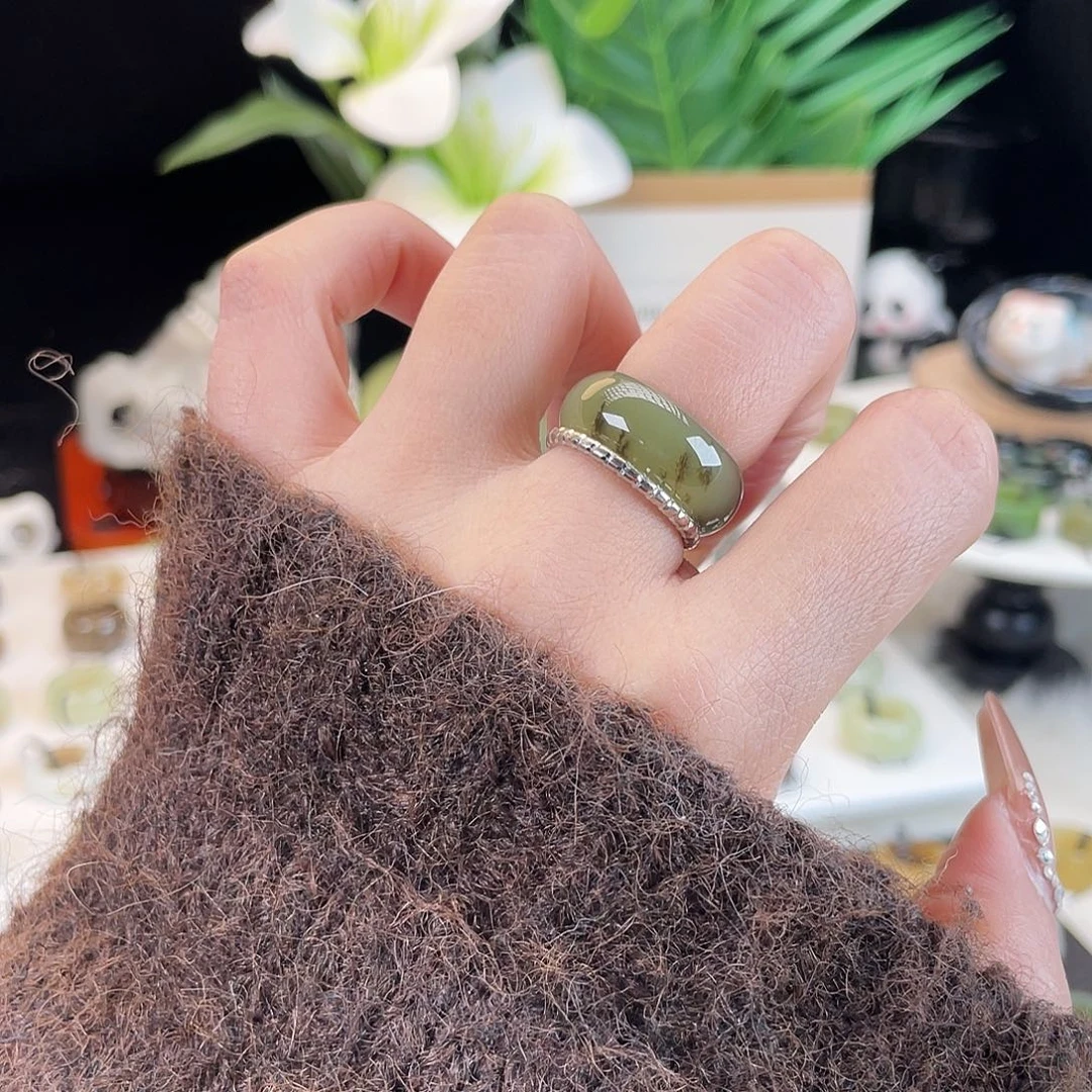和田玉未镶嵌戒指E30特色草花橄榄绿17