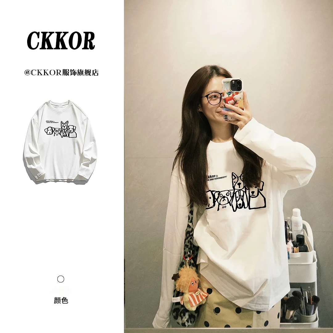 CKKOR春秋新款宽松显瘦圆领长袖t恤女学院风印花休闲百搭潮牌上衣