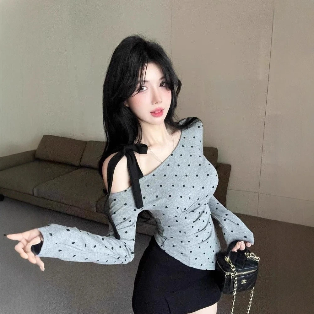 韩系风系带斜领波点t恤女2025秋冬季新款修身不规则长袖打底上衣