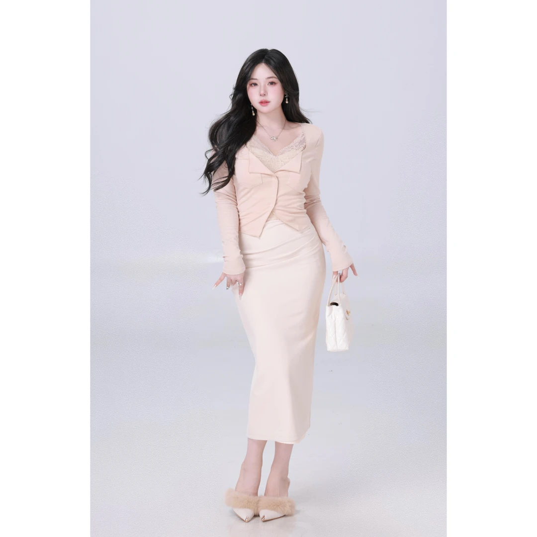 清清MengFairy 【攻心姐姐】纯欲辣妹假两件长袖修身上衣3911