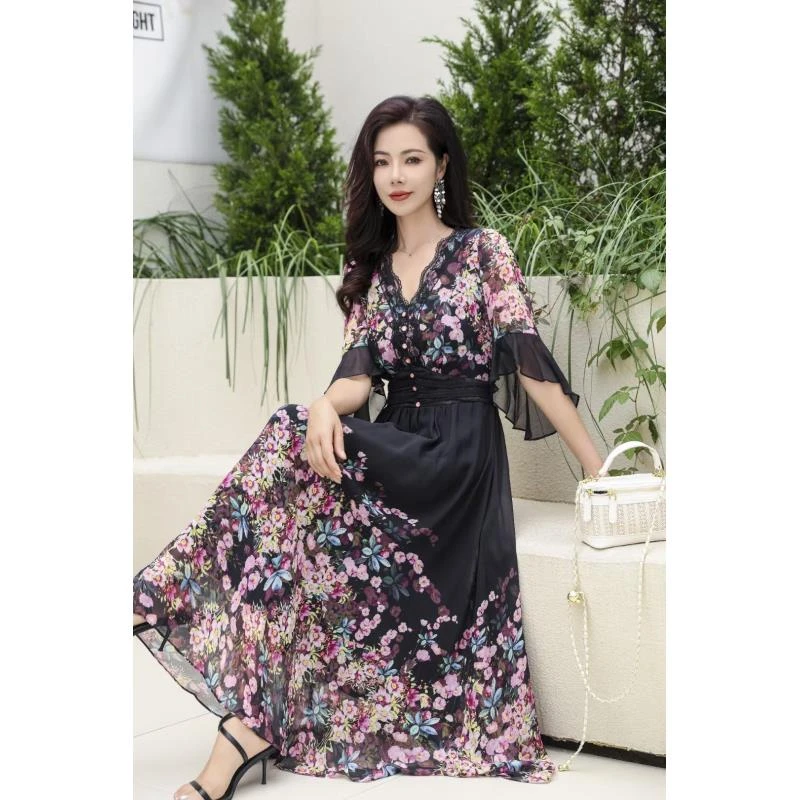 花想容【富贵花】气质碎花显瘦显白时尚夏季印花法式收腰长款连衣裙