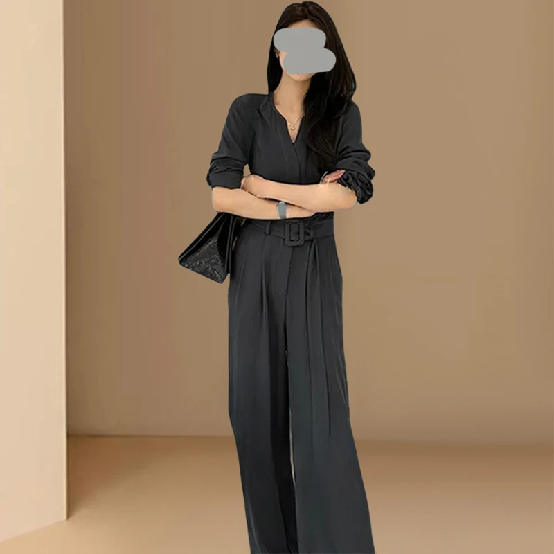 2025夏季新款高腰气质时尚V领长袖连体裤女装休闲宽松阔腿长裤子