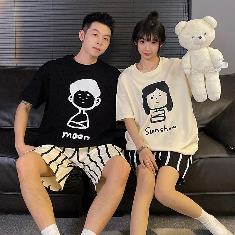 韩版情侣睡衣夏季纯棉短袖宽松男士家居服两件套装休闲女士可外穿