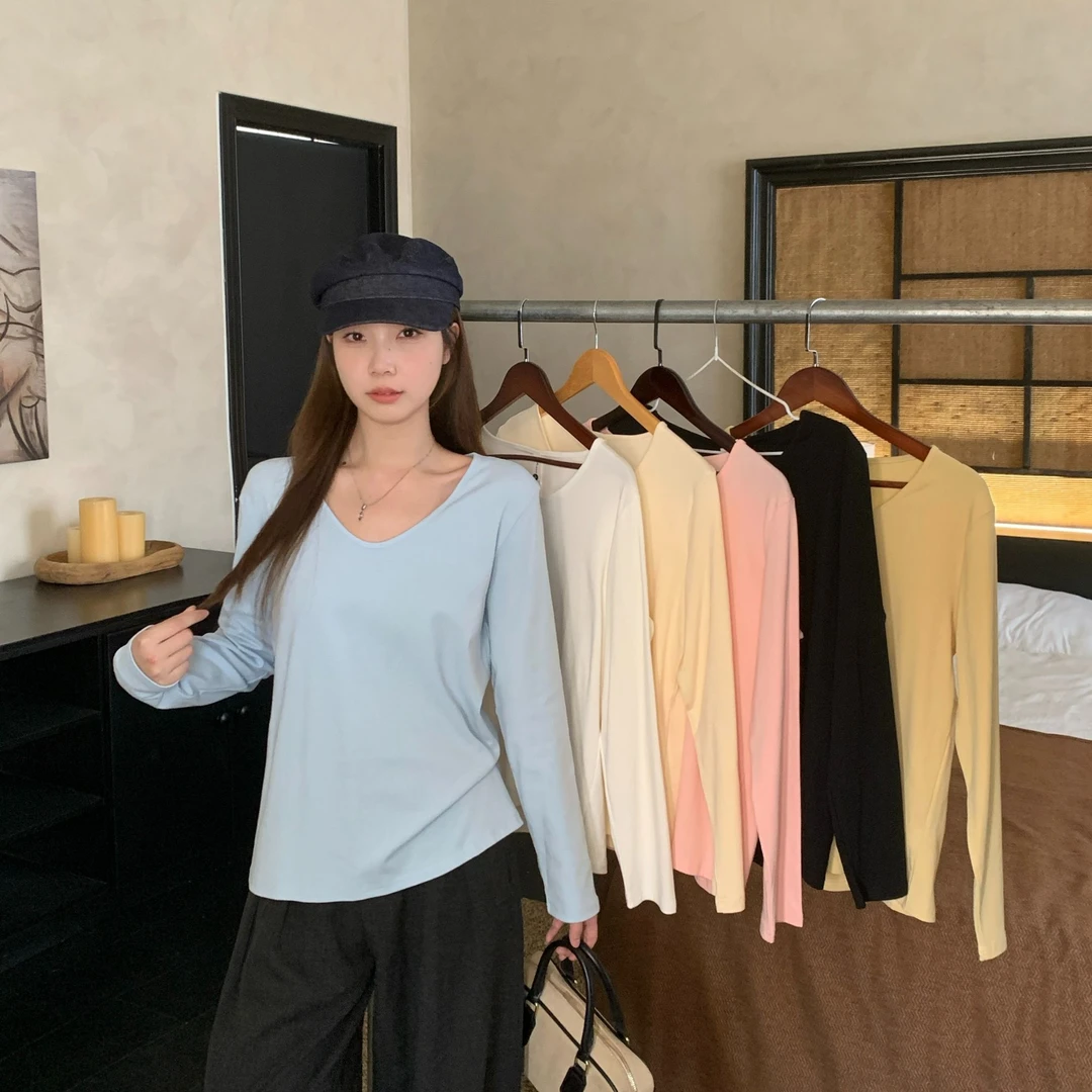 宽松休闲T恤棉女2025新款春秋季V领长袖内搭上衣外穿遮肉简约百搭