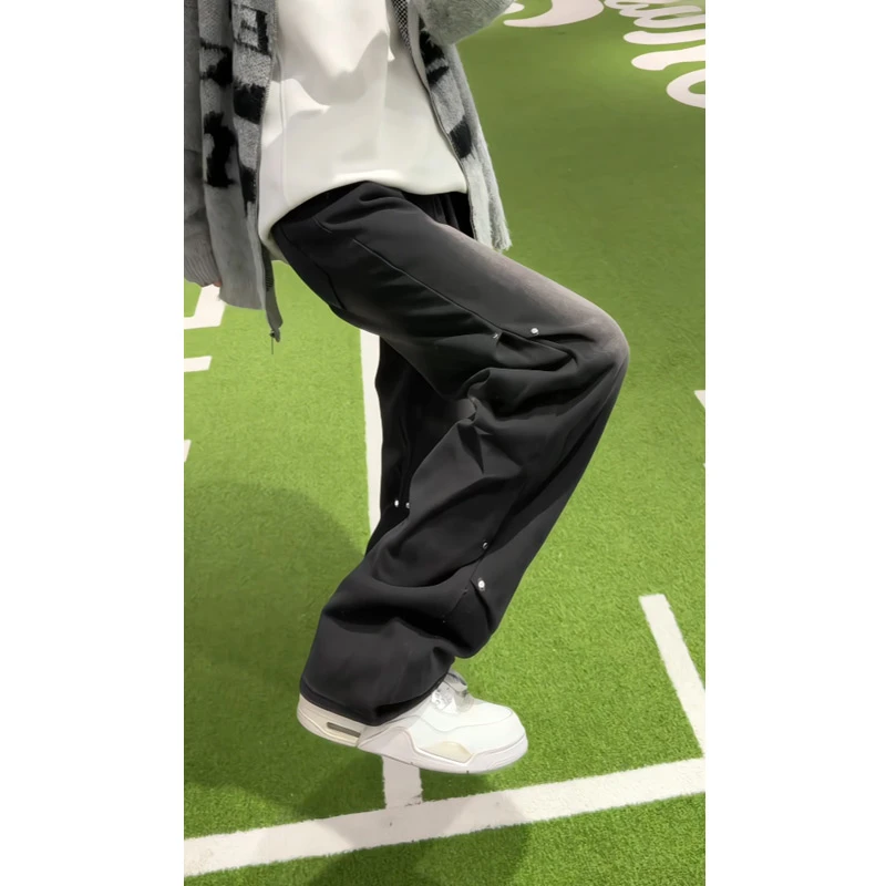 美式铆钉黑色弯刀牛仔裤男女同款秋冬季宽松直筒褶皱高街长裤子潮