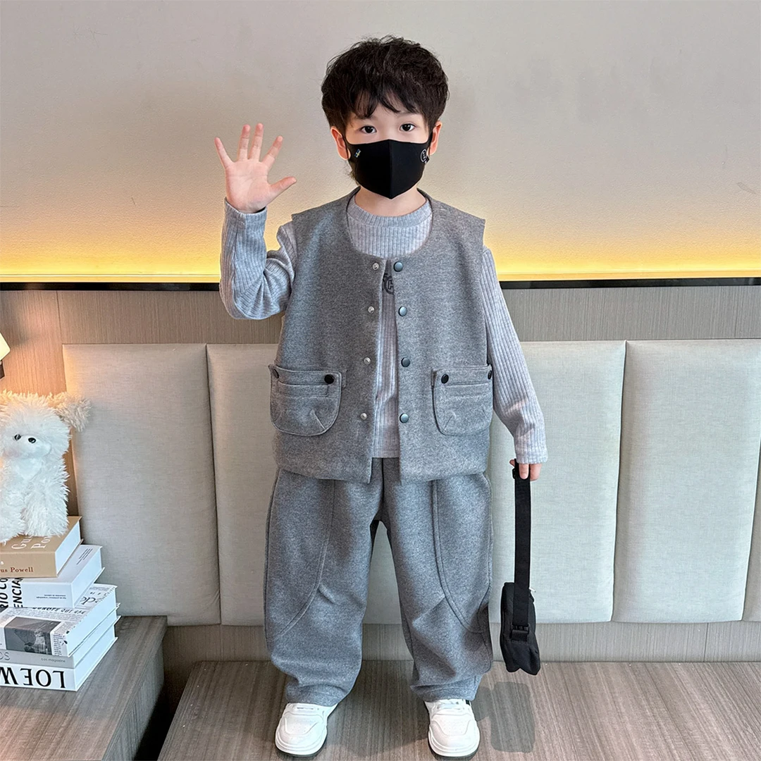 男童秋季套装2025新款时髦儿童韩版马甲三件套洋气男宝春秋潮衣服