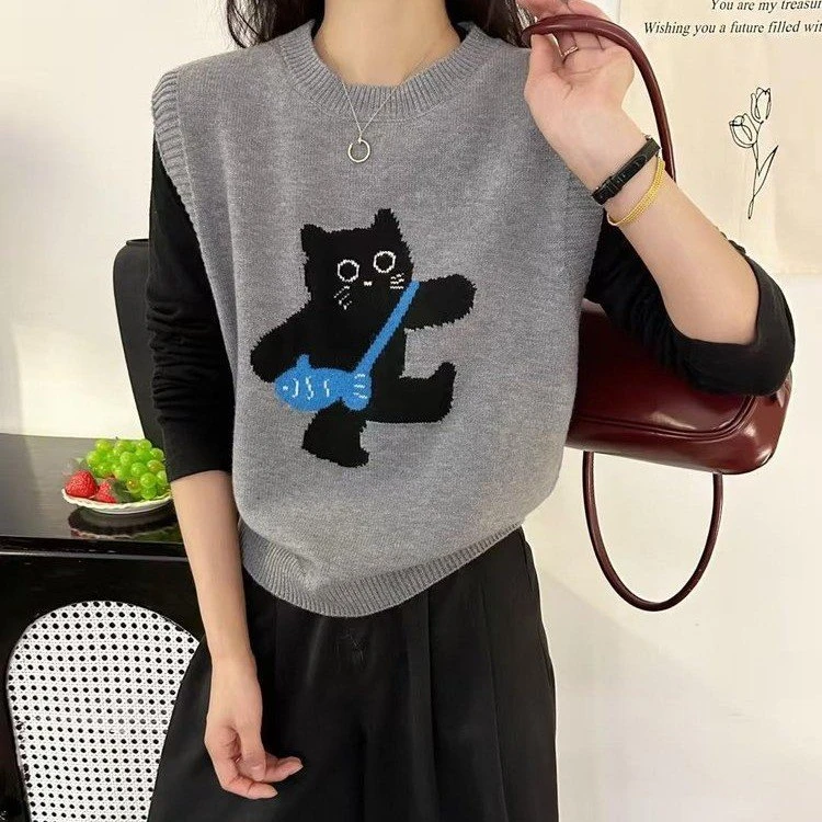 2025秋季新款时尚小熊款圆领百搭针织衫马甲女装上衣