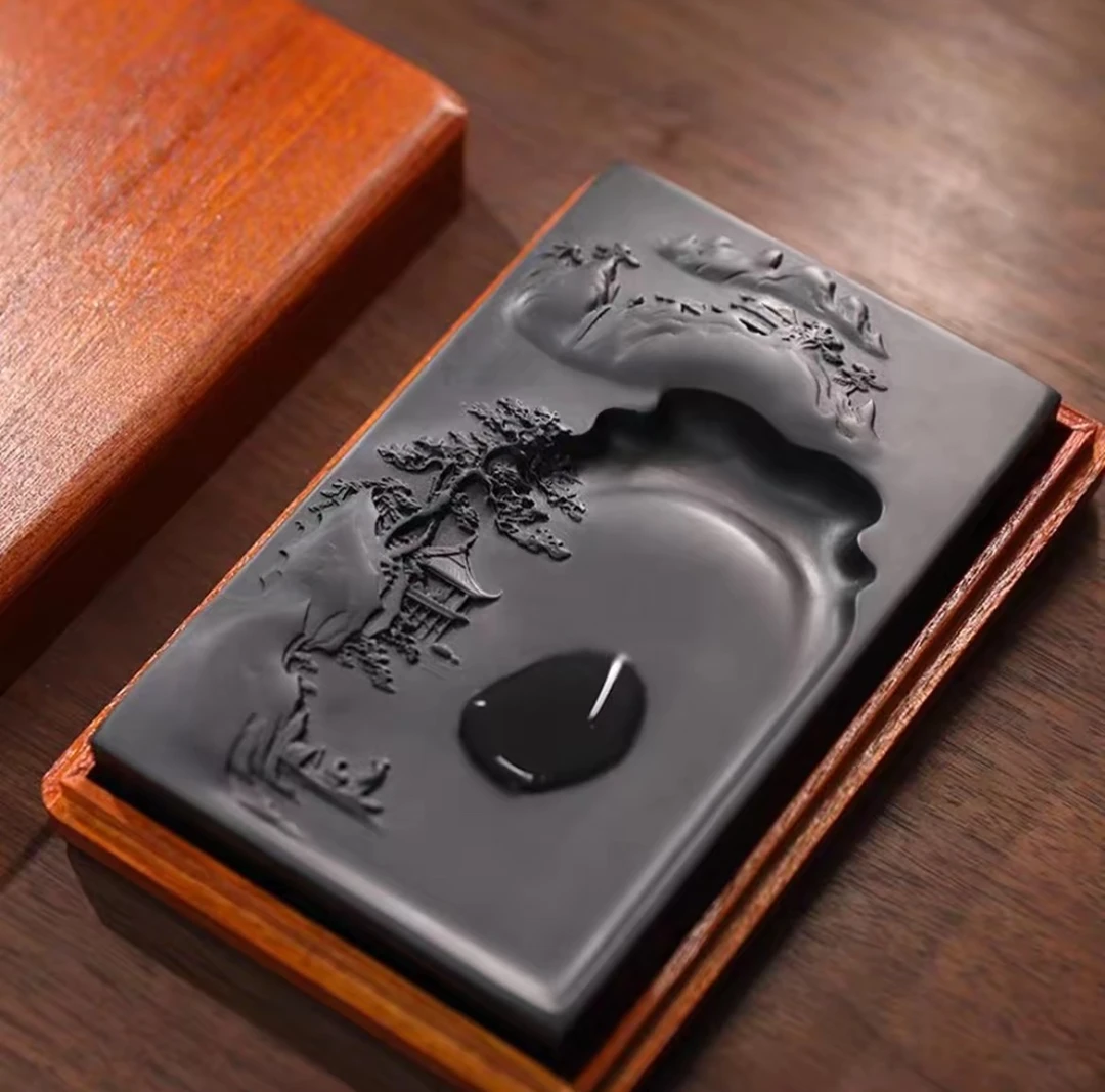 歙砚《江南水乡》经典六寸歙砚黑龙尾黑龙潭非遗传承墨条澄泥砚台