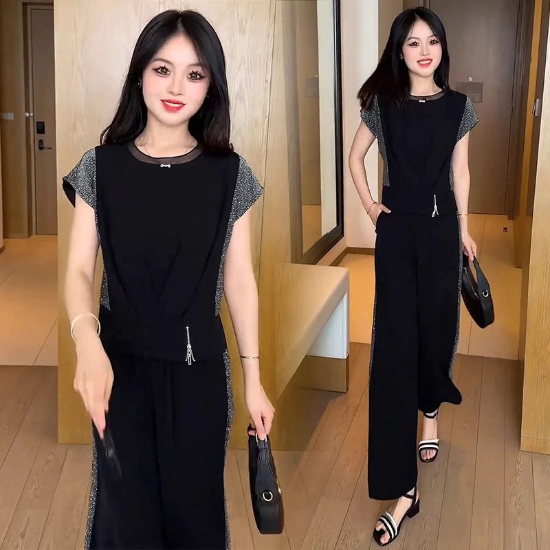 时尚套装女2025夏季新款洋气显瘦短袖上衣高腰阔腿裤减龄两件套潮