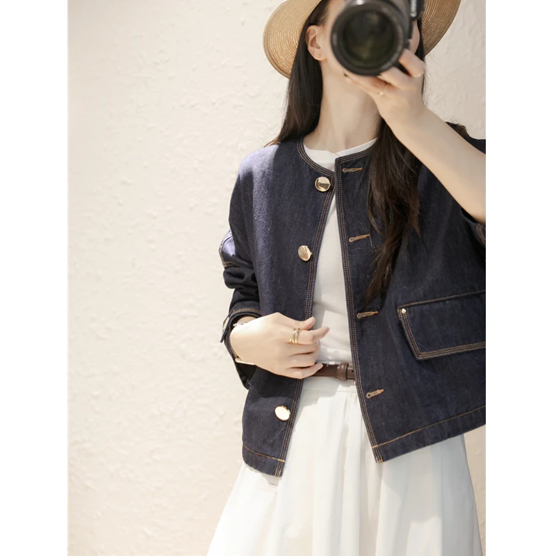 日单！柜4K！日杂风休闲纯棉圆领宽松廓形感牛仔夹克外套女早春新