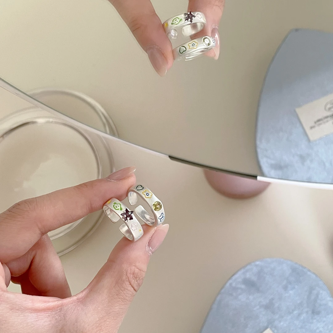 铜合金戒指 J5009 夏日多巴胺卡通涂鸦可爱小众设计百搭开口戒指