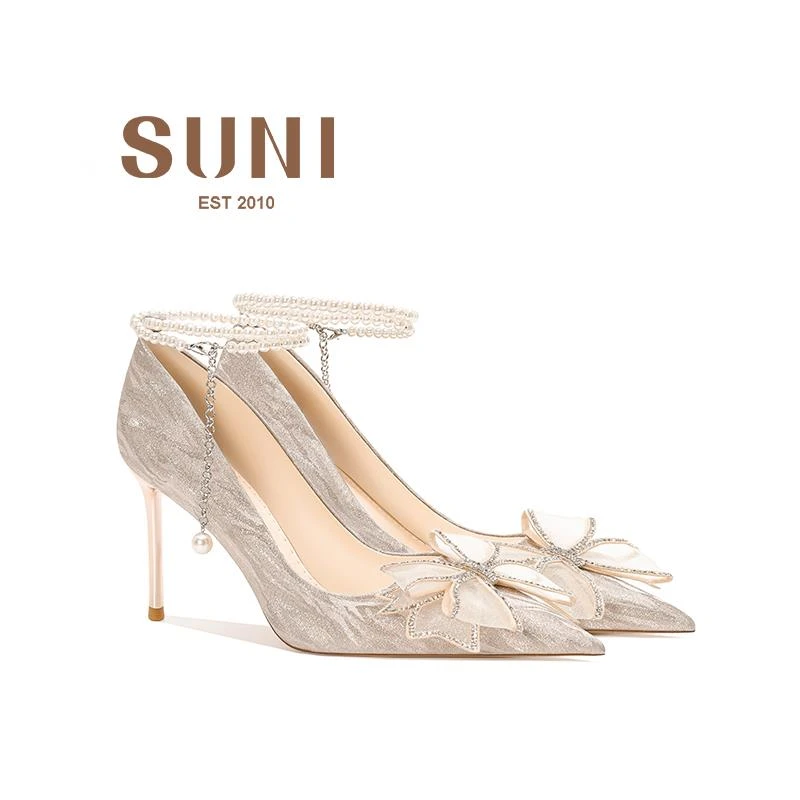 【高奢&达人款】轻奢  蝴蝶结尖头高跟鞋2025新款香槟色珍珠婚纱