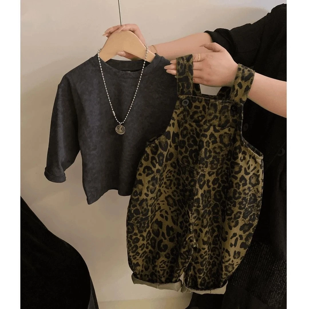 2025春秋夏季新品韩版小童圆领短袖打底衫男女童豹纹宽松 背带裤