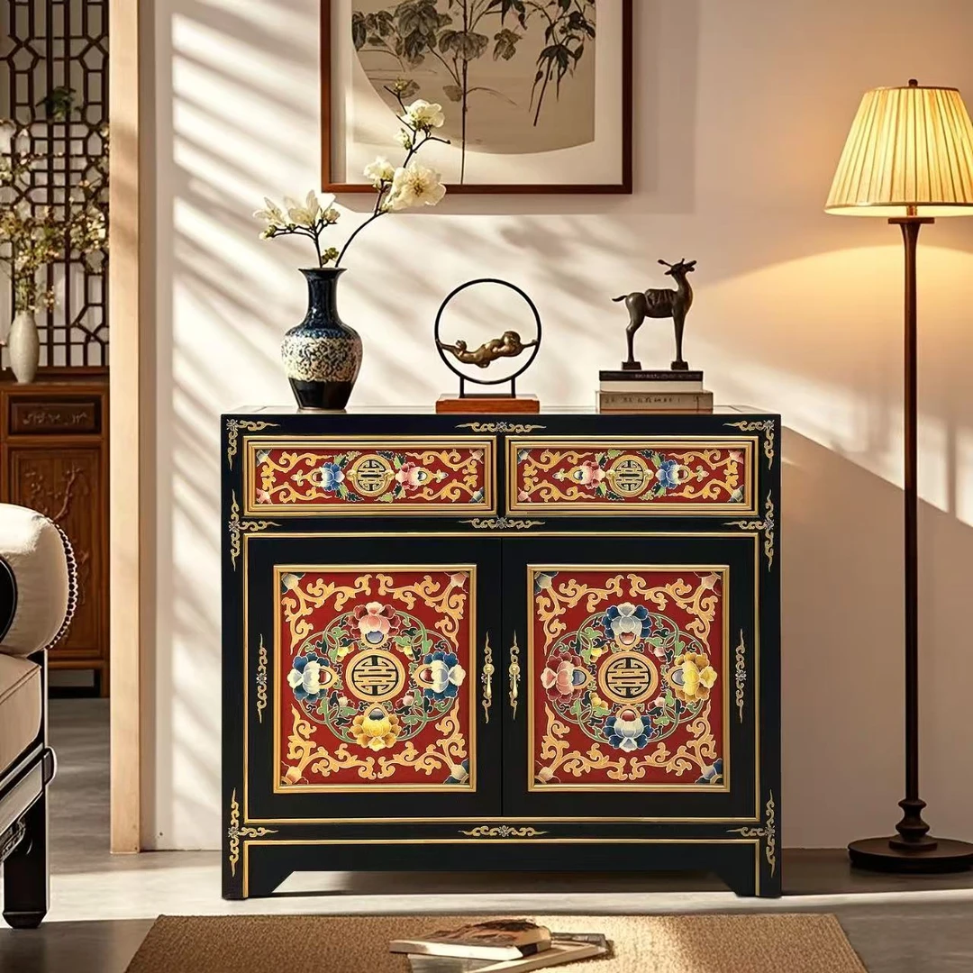 【本尼家】TS95中式古典手绘宝相花客厅隔断入户玄关柜118*40*104cm