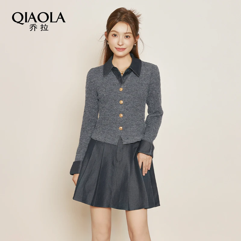 QIAOLA/乔拉【柏林物语】秋冬季螺纹北极绒拼仿牛仔时尚套装