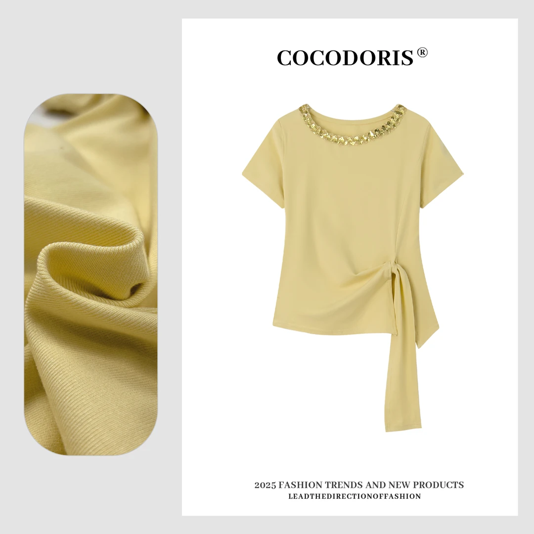 2025夏季新款一字肩亮片侧腰开叉设计短袖T恤通勤百搭上衣8628T