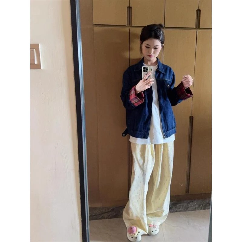 美式复古格纹拼接牛仔外套女秋季新款宽松ins百搭潮流休闲夹克潮