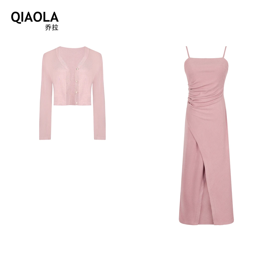 QIAOLA/乔拉【春日玫瑰】小众设计高弹针织压褶交叉开衫连衣裙预售