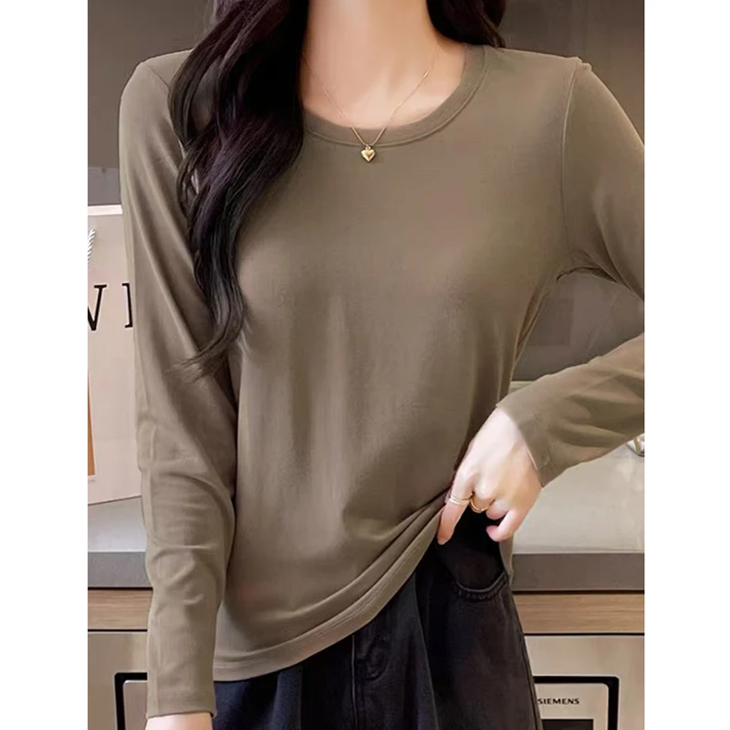 螺纹长袖t恤女新款内搭柔软打底衫洋气弹力上衣简约百搭T恤 5225