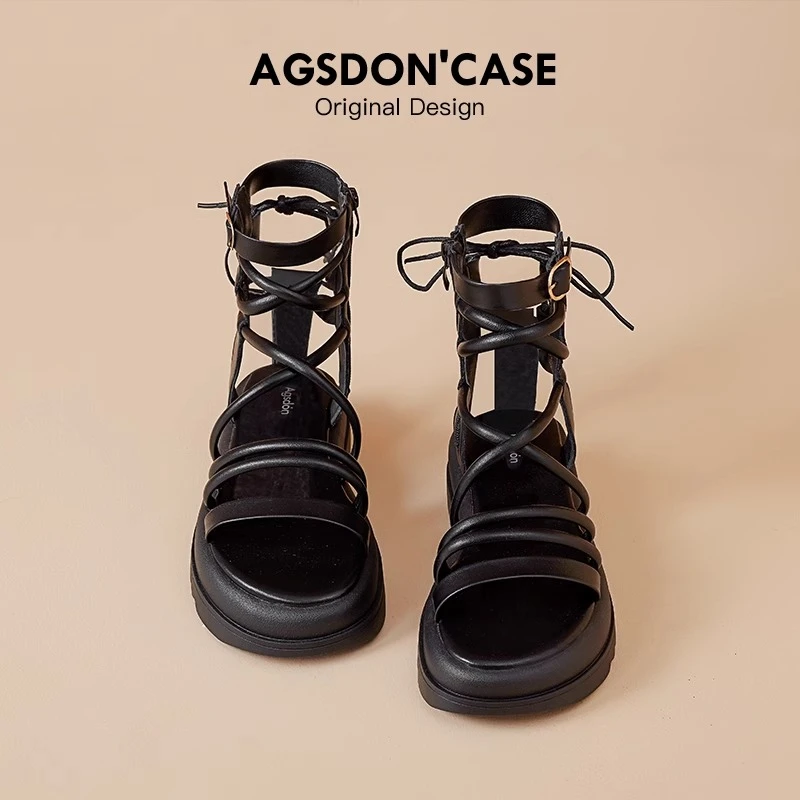 奥古狮登时装罗马凉鞋女2025新款夏季配裙子厚底镂空透气绑带凉靴