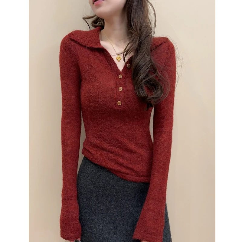 正版烂番茄【桶哥港风】2025秋冬翻领套头针织衫女洋气别致马海毛衣