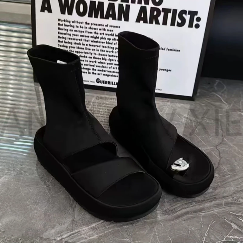 欧货潮2025夏季新款复古简约时尚百搭露趾凉靴女厚底增高套趾凉鞋