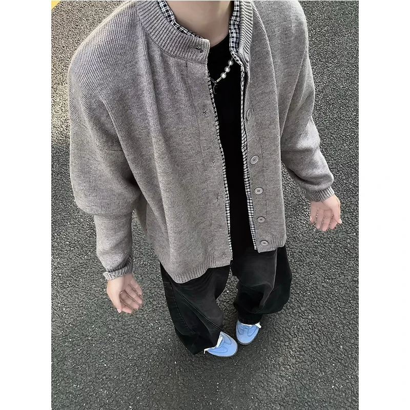 灰色假两件开衫毛衣男生慵懒松弛感穿搭针织衫cleanfit秋季外套潮