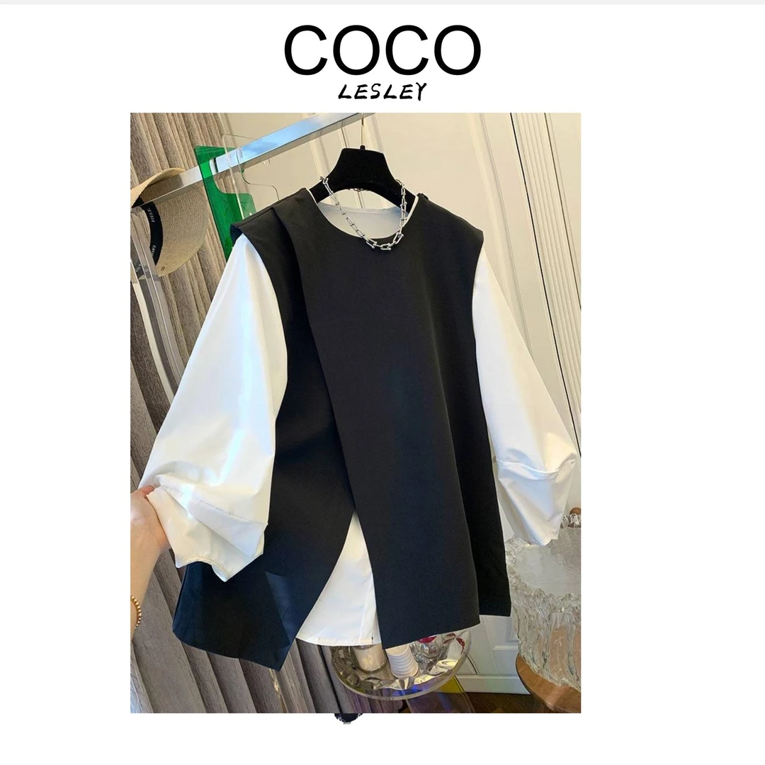 【CoCoLesly】百搭气质黑西装马甲衬衫上衣女两件套装-X013