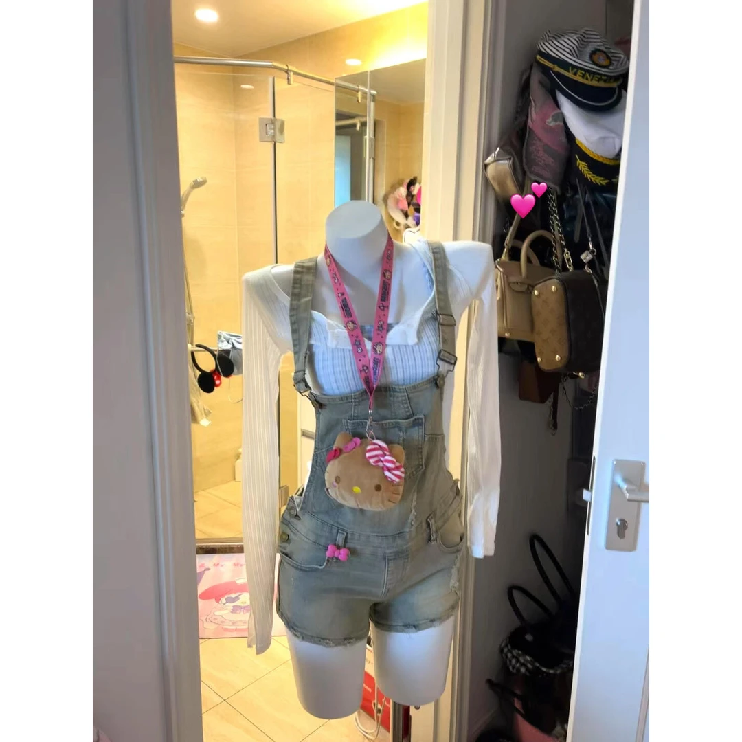 美式辣妹复古做旧牛仔背带短裤白色微透长袖T恤女套装夏季2025