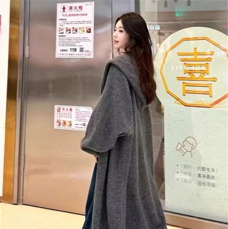 春秋新款针织开衫女中长款大码毛衣外套宽松连帽大衣网红时尚百搭