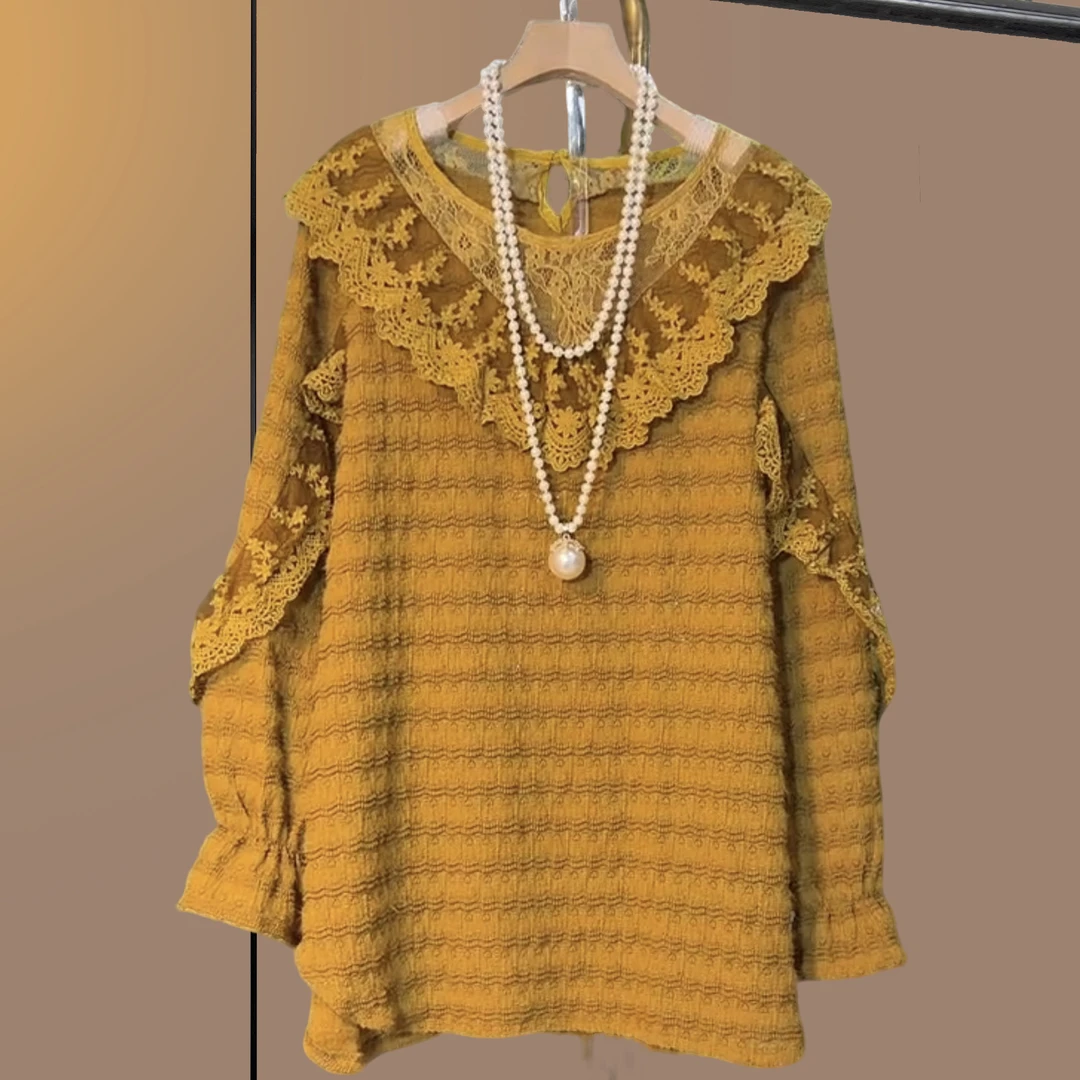 秋季大码女装胖妹妹气质显瘦简约宽松时尚减龄百搭姜黄蕾丝大衫