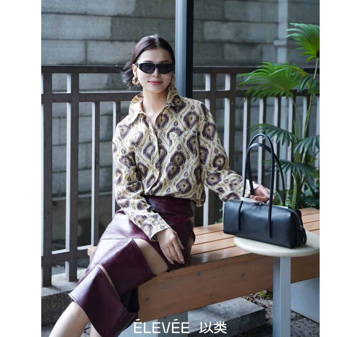 以类设计师品牌CHIC GALAXY秋季亚麻印花衬衫复古松弛上衣47232